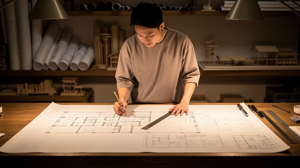 建築士が設計図を確認している様子